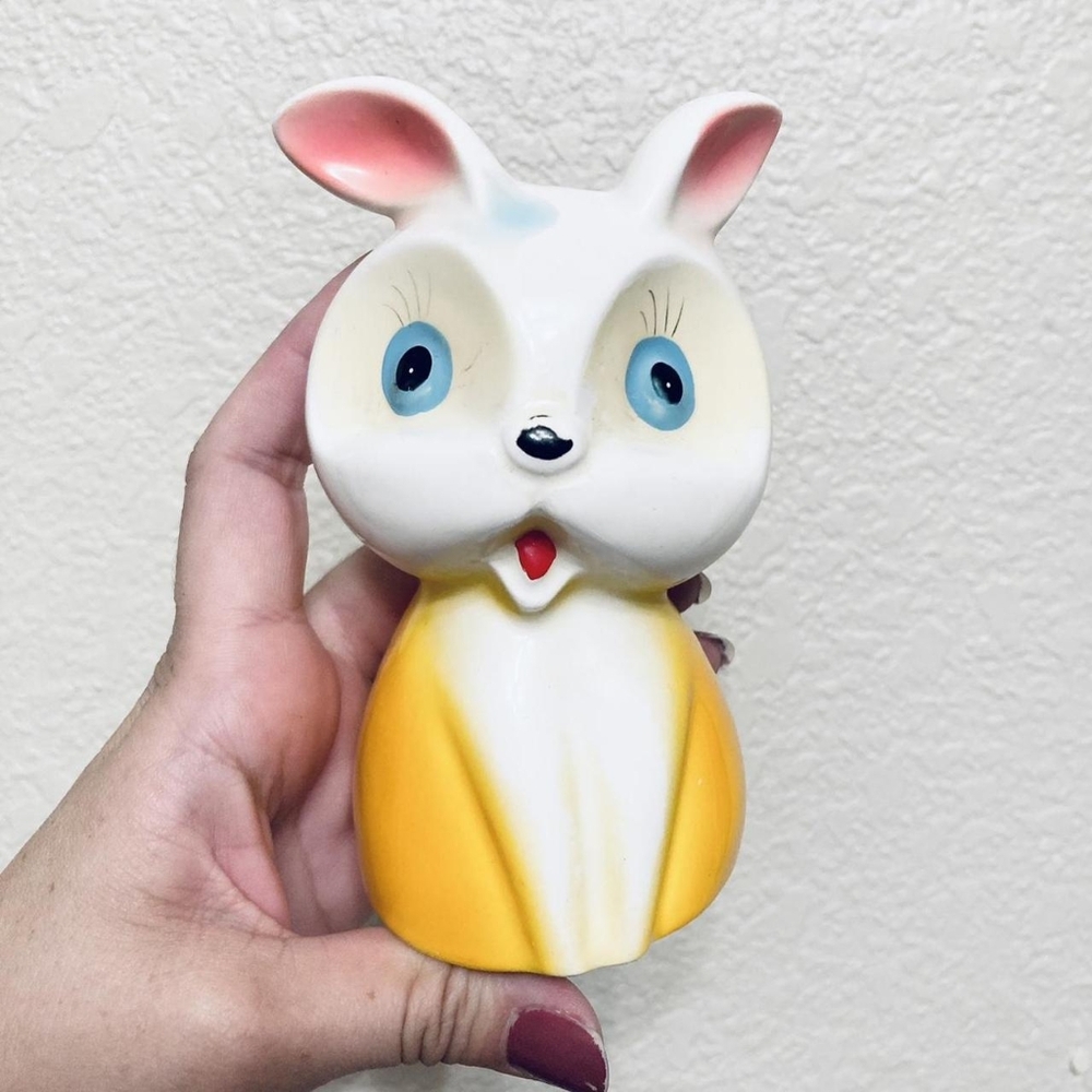 Vintage ceramic bunny kitschy painted mini coin bank piggy bank